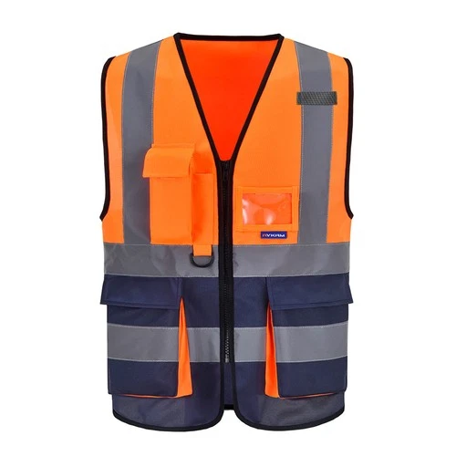 Hi-Vis Reflective Vest, Reinforced Points, Zipper, Orange/Navy, M - product listing photo