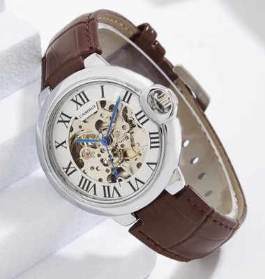 Men Automatic Watch Skeleton Brown Leather Classic Gentleman Mechanical Watch 