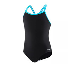 Speedo Kids Crossback One-Piece Swimsuit Black /Aqua Size 8 5295