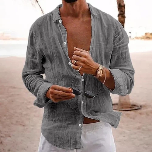 Mens Casual Cotton Linen Shirt Long Sleeve Loose Blouse Button Down Shirts-Tops - Picture 9 of 33