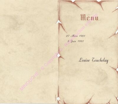 Menu 90 Ans Louise Touchelay 27 Mars 1901 8 Juni 1991