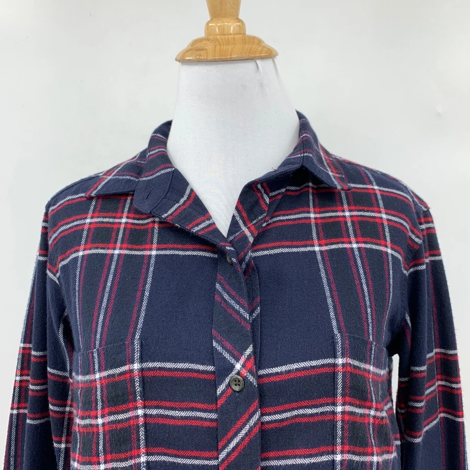 Camisa Athleta Para Mujer 2XS XXS Azul Marino Rojo Madera Franela Escocesa Dobladillo Cola Caída Foto 3 de 4