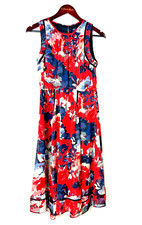 Just Taylor Women Sz 6 Red Navy Floral Dress Eyelet Stitching Sleeveless Midi E