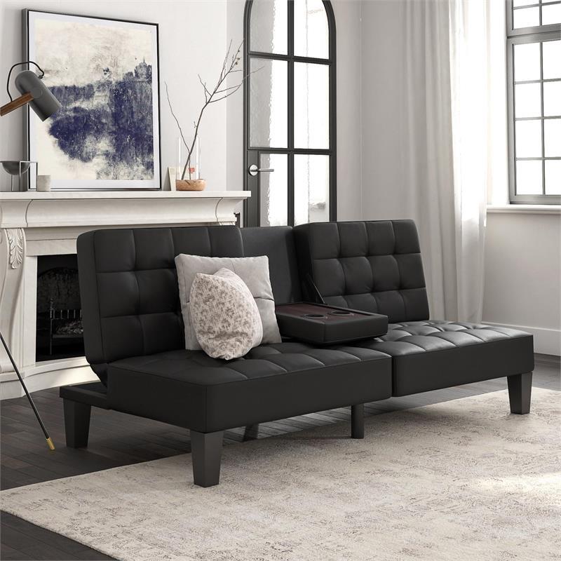 DHP Jace Convertible Futon with Cup Holder in Black Faux Leather eBay