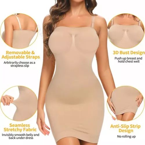 Women's Full Slip Dress Strapless Tummy Firm Control Body Shaper Slim Shapewear - Picture 3 of 33
