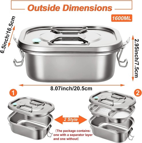 2 Pcs Stainless Steel Lunch Box Leak-proof BPA Free Dishwasher Safe Medium - Picture 2 of 6