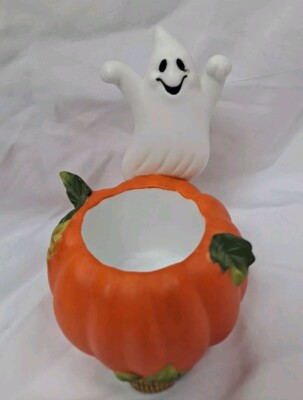 Partylite Ghost Pumpkin Votive Candle Candy Holder Halloween Home Orange Ceramic