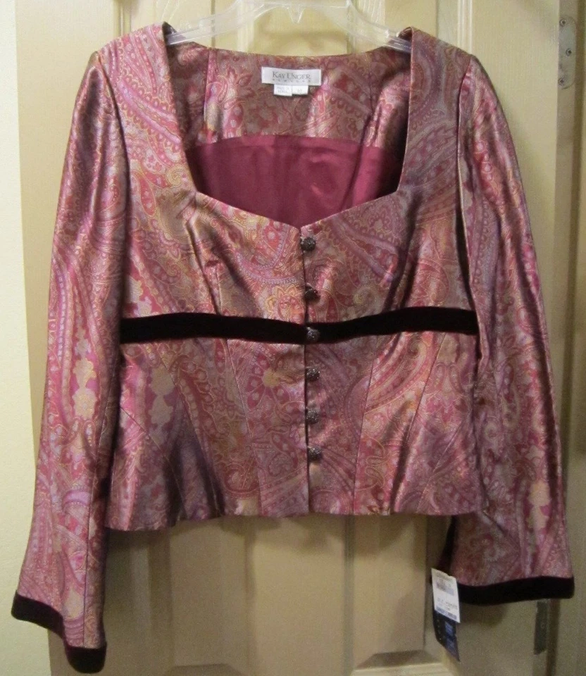 NUEVA TALLA 10 KAY UNGER NOCHE PAISLEY CHAQUETA GRANATE TERCIOPELO FALDA, BODA FIESTA Foto 2 de 4