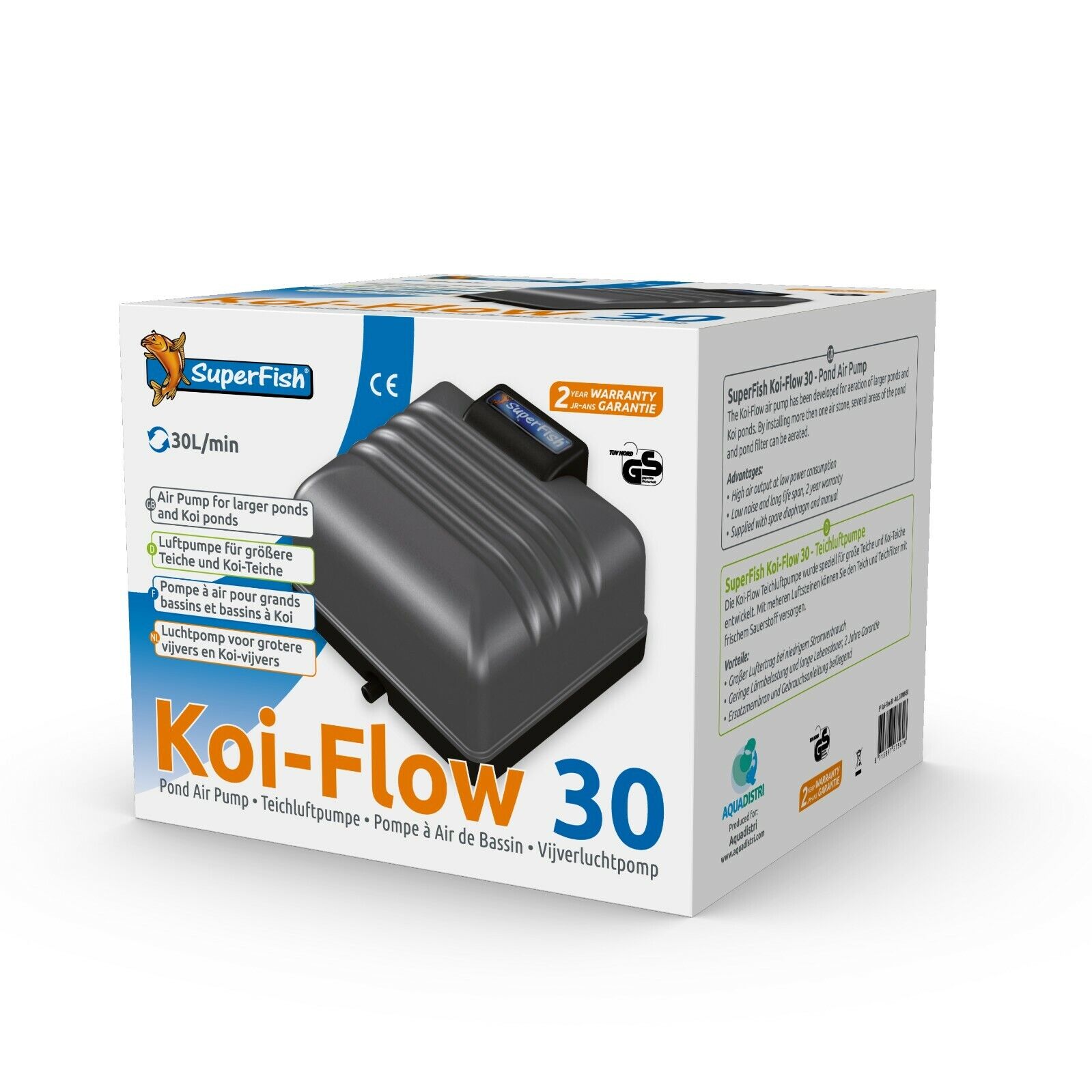 SF Koi-Flow 30 Teichbelüftungsset Sauerstoffpumpe Luftpumpe,6Luftsteine,Schlauch Originele garantie, kwaliteitsgarantie!