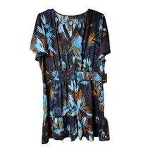 NWT Simply Vera Wang Dress XXL Blue Brown Floral Midi Smocked Waist Ruffle Hem 