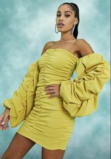 ASOS DESIGN Chartreuse Ruched Bardot Mini Dress Balloon Sleeve US 6