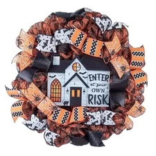 Happy Halloween Wreath - Haunted House Door Wreaths - Enter Own Risk Halloween 