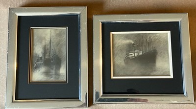 John Kelly ~2- Original Graphite / Pencil Small Vintage Sketches/ Drawings Ships
