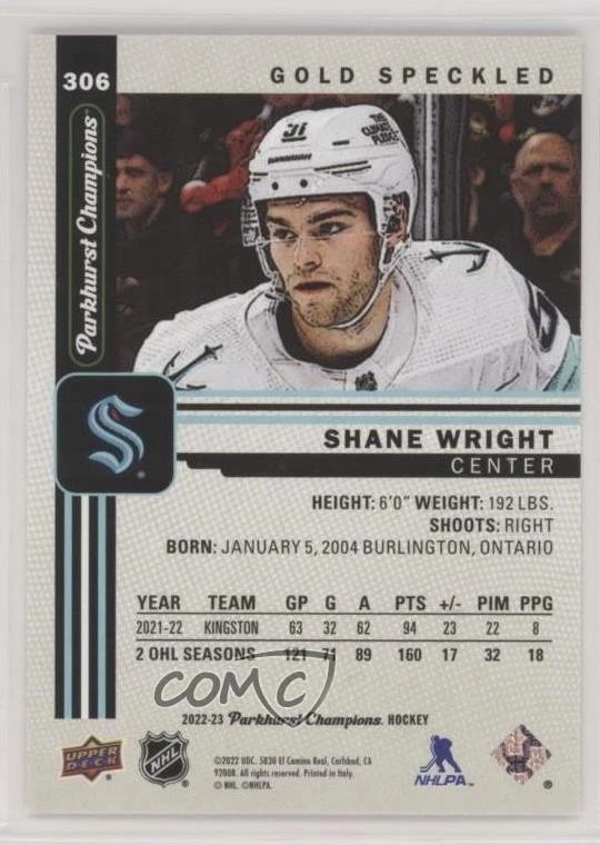 2022 Upper Deck Parkhurst Champions Rookies Gold speckled Shane Wright Rookie RC - Image 2 of 2