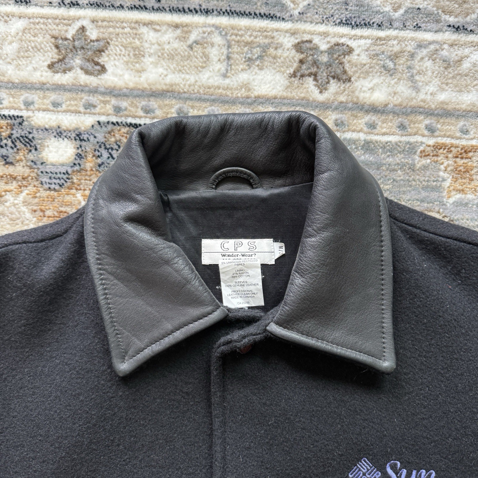 Vtg Java Varsity Jacket Black M Wool Leather Sun … - image 7