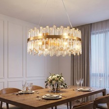 24'' Crystal Chandelier Modern LED Gold Pendant Ceiling 12 Light Kitchen Fixture