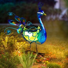 Solar Peacock Statue Light Waterproof Metal LED Garden Lawn Yard Decor Ornament