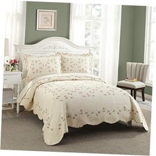 Felisa Vintage Floral Embroidered 3-Piece Quilt Set, All Full Queen Cream/Pink
