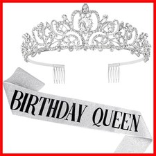 Comfy  Chic Silver Birthday Queen Sash with Crystal Tiara - One Size Fits Most