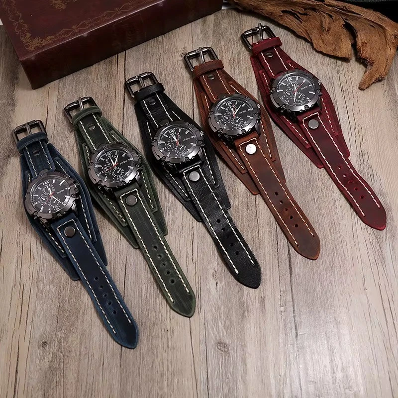 Orologio da polso vintage punk con cinturino largo in pelle PU Orologio da polso con polsino al quarzo Orologio da uomo in stile punk gotico hip-hop (Color : C
