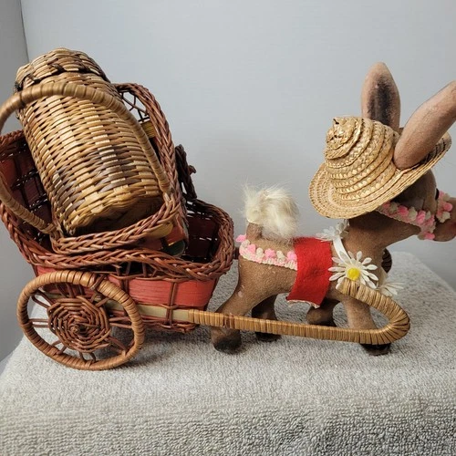 Vintage Flocked Donkey With Cart and Baskets, Japan 1960s
