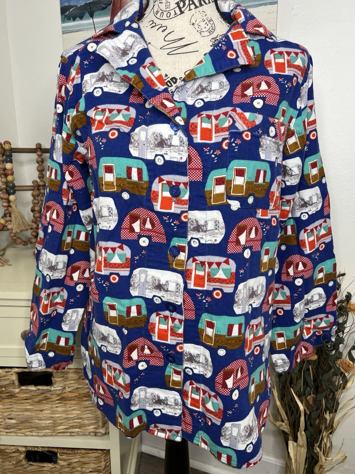 Sleep Sense Blue Travel Trailer Camping Flannel Pajama Top