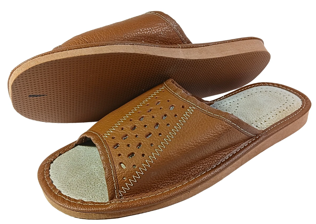 Herren Hausschuhe Rindsleder Pantoffeln Sandalen Braun Schlappen Gr.40-46 Offen