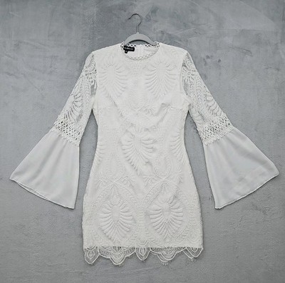 Eilly Bazar White Lace Detail Mini Dress Women s Size M Bell Sleeve 