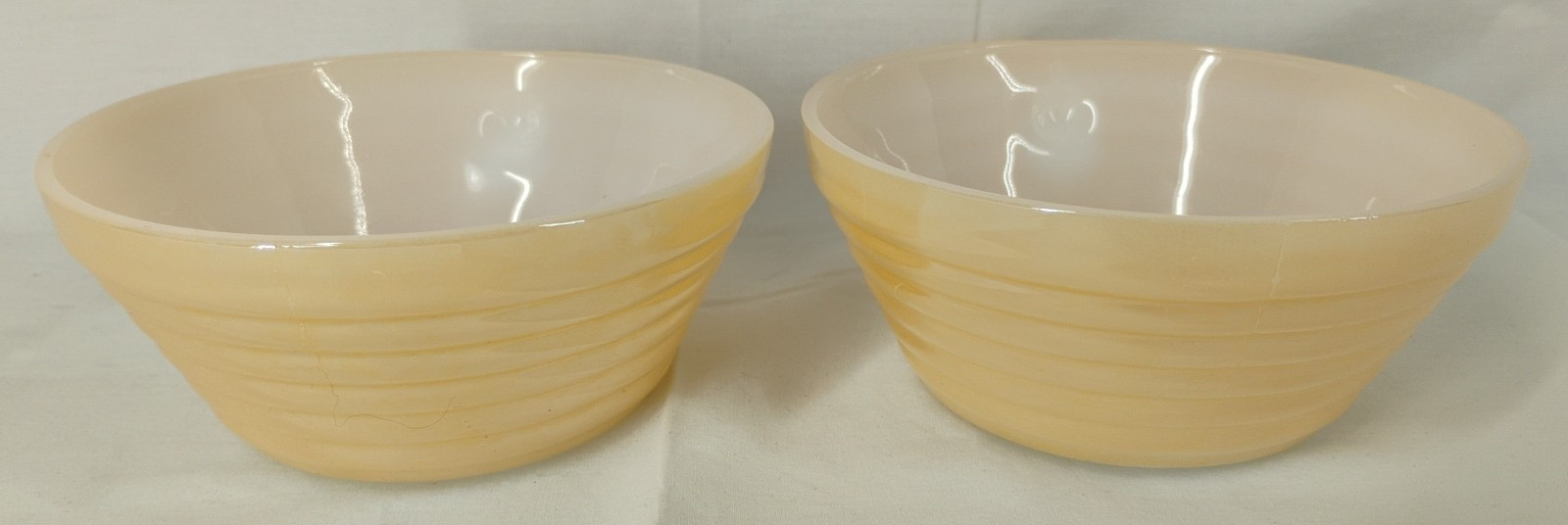 4 Fire King Peach Luster Bee Hive Ovenware Soup Bowls w/ Handles Iridescent 