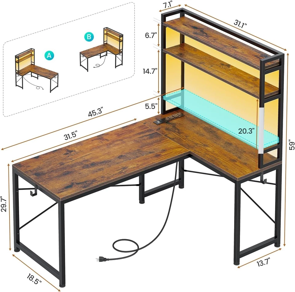 L Shaped Desk with Hutch, LED Light &Storage Shelves Reversible Home Office Desk - Image 3 of 4