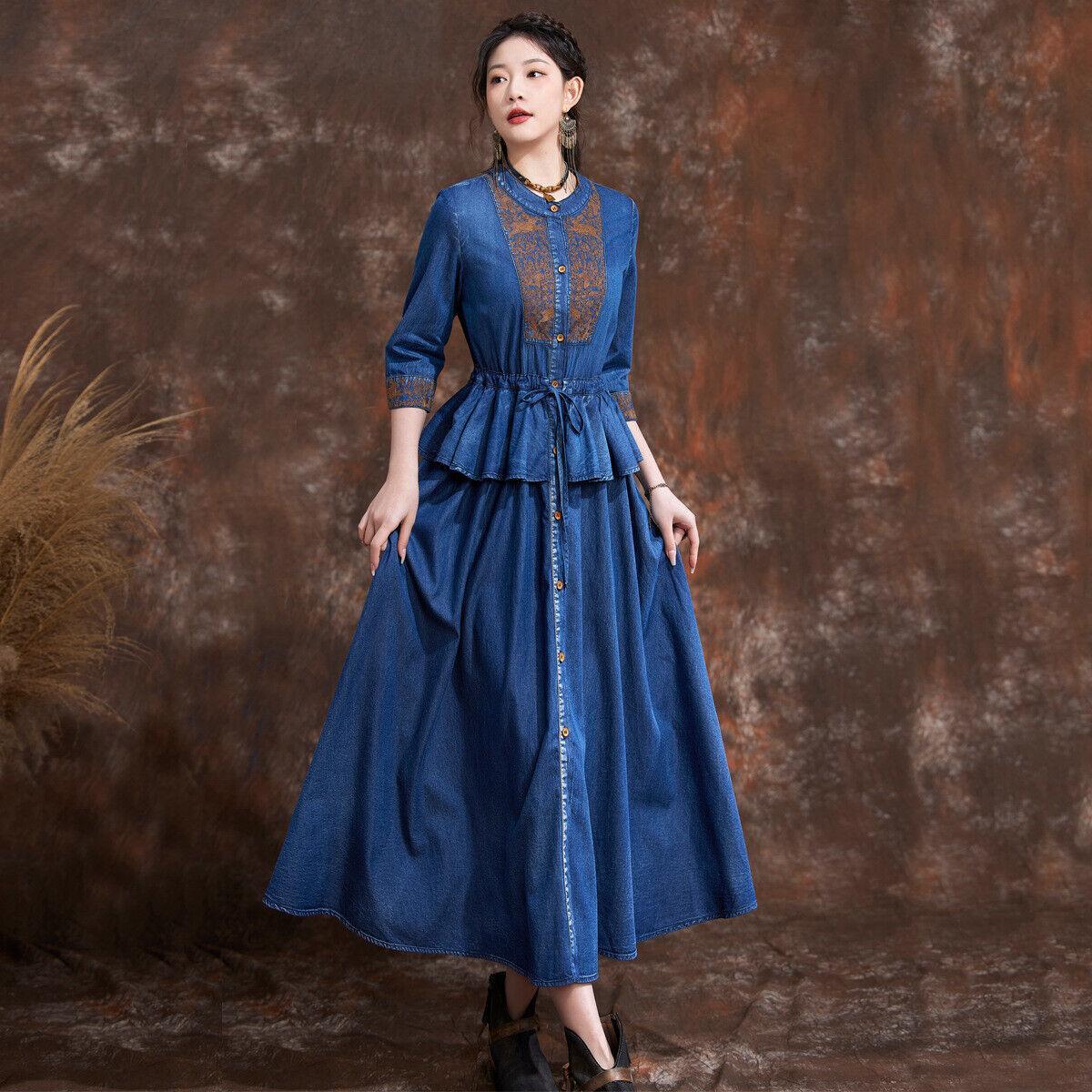 New Women's Denim Dress Embroidered Casual Dresses Maxi Dress UK