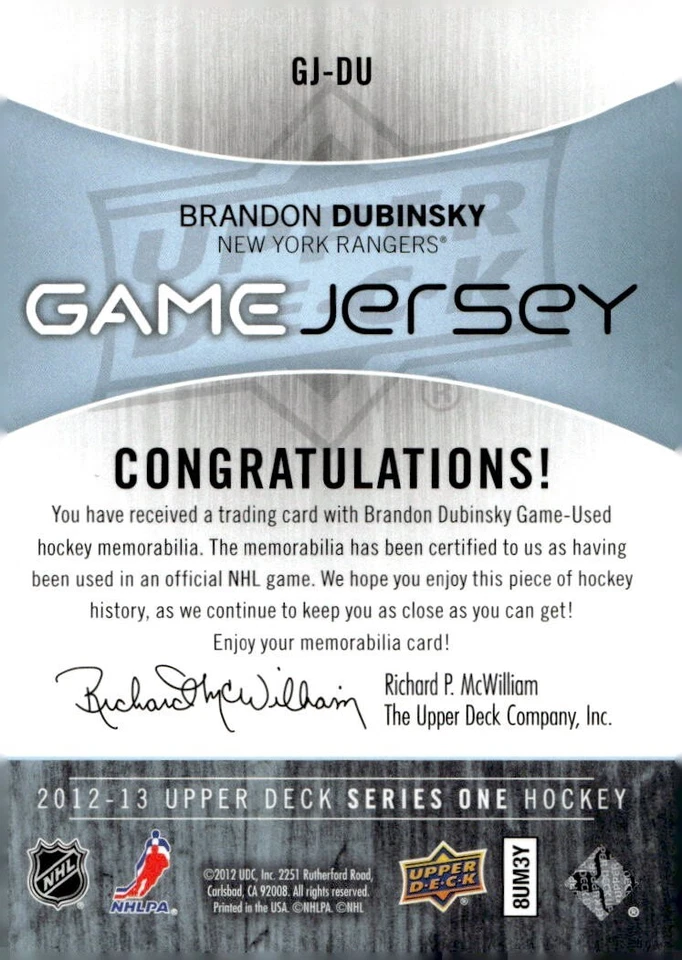 2012-13 Upper Deck Game Jersey GJ-DU Brandon Dubinsky New York Rangers - Image 2 of 2