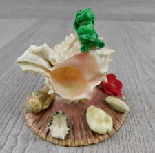 Vintage Cute Adorable Green Frog Figurine Posed On Conch Sea Shell Home Decor 3"