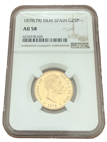 Spain 1878 (78) Gold 25 Pesetas NGC AU58 Alfonso XII