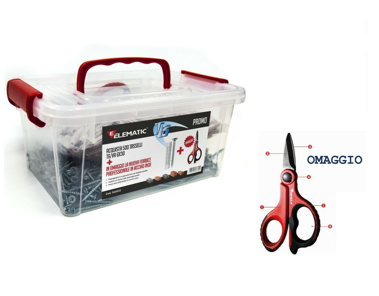 Vaschetta 500 Tasselli Elematic T6/VA 6x30 con Vite e Forbici