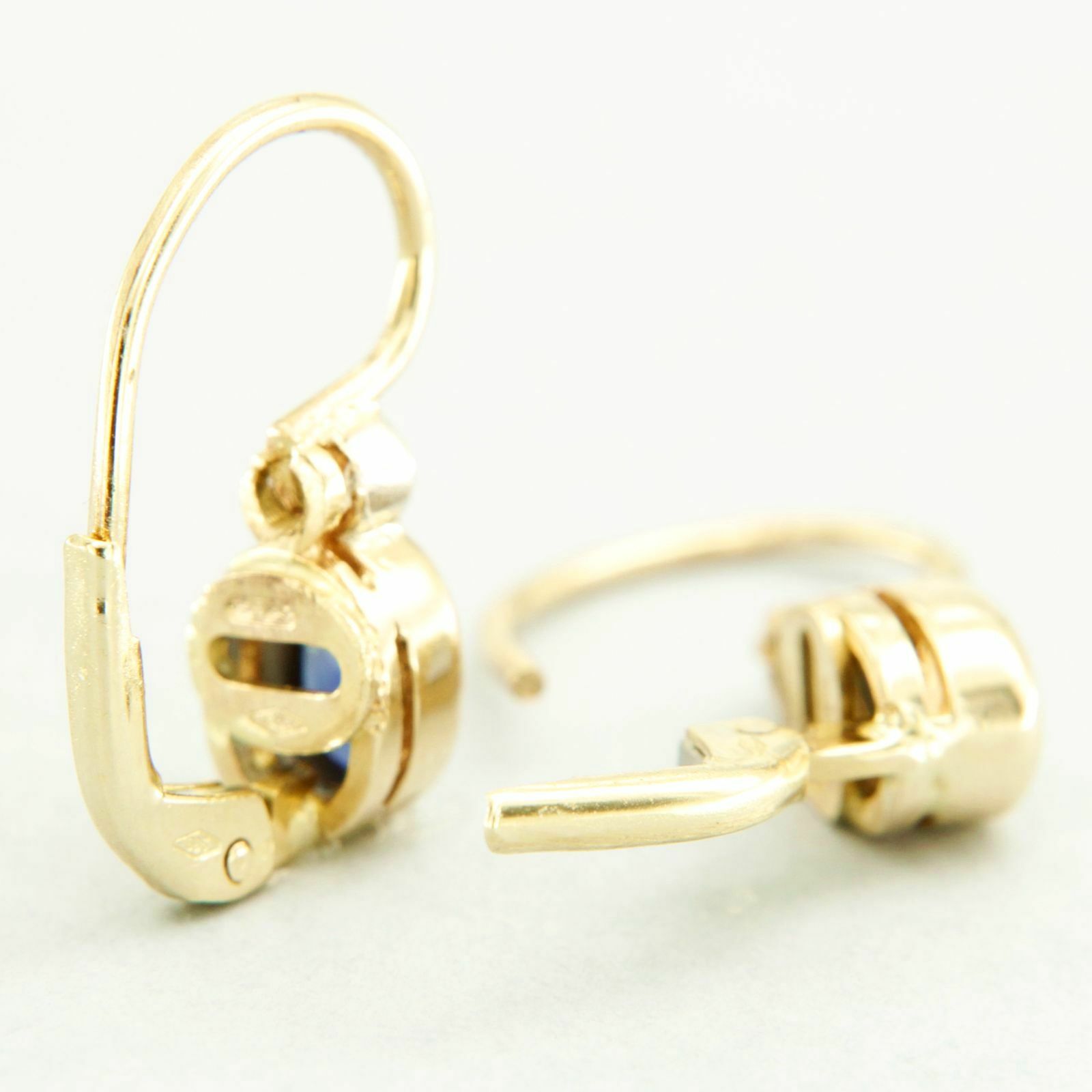 Boucles D'oreilles Dormeuses En Or Jaune 14k Avec Saphir Et Diamant - Style Ancien - Neuf Avec étiquettes