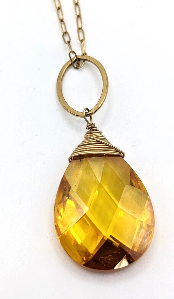 Collar Cristal Citrino Oro 14K Lleno Lágrima Ámbar Larga Delicada Cadena Foto 3 de 4