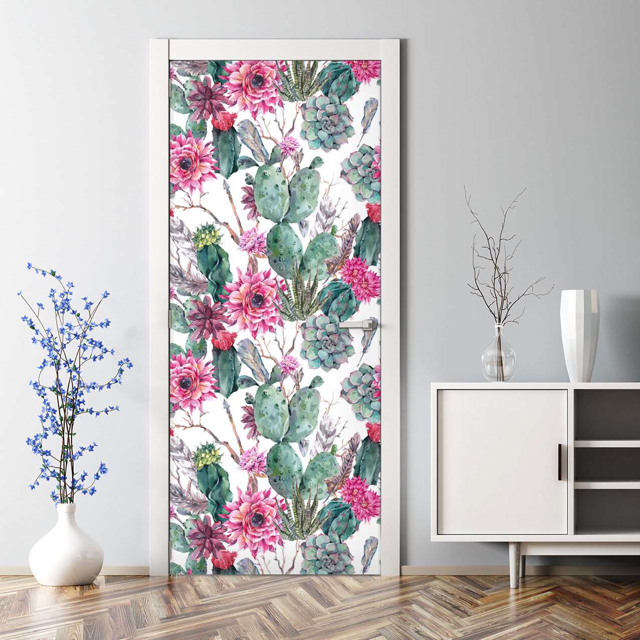 Tropical Renters Cactus with pink flowers Self Adhesive Door Decal Decor
