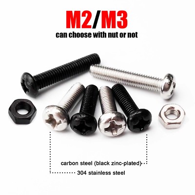 50pc Thread M2 M3 Phillips Pan Round Head Bolt Screw Nut black
