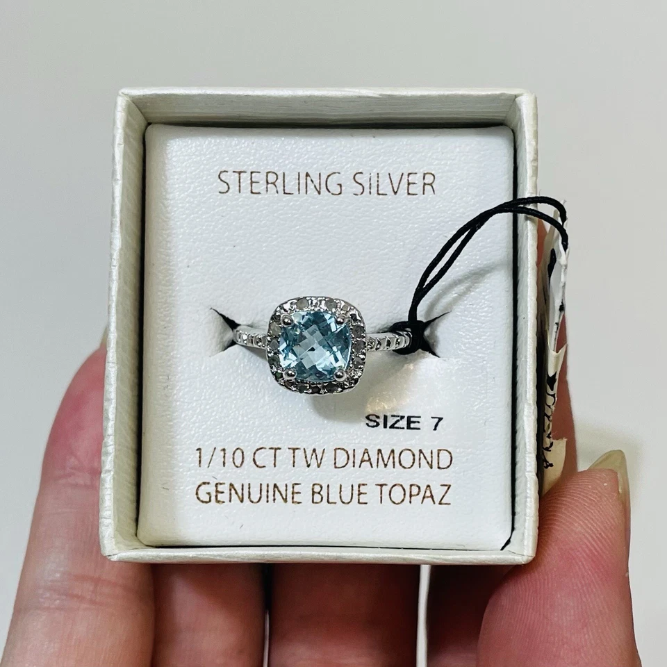 Victoria Townsend Blue Topaz & Rose Cut Diamonds 925 Sterling Silver Ring Size 7 Foto 2 de 4