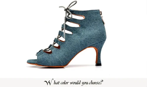 Women Denim Blue Latin Dance boots high heel Performance Ballroom Dance Shoes - Picture 16 of 29