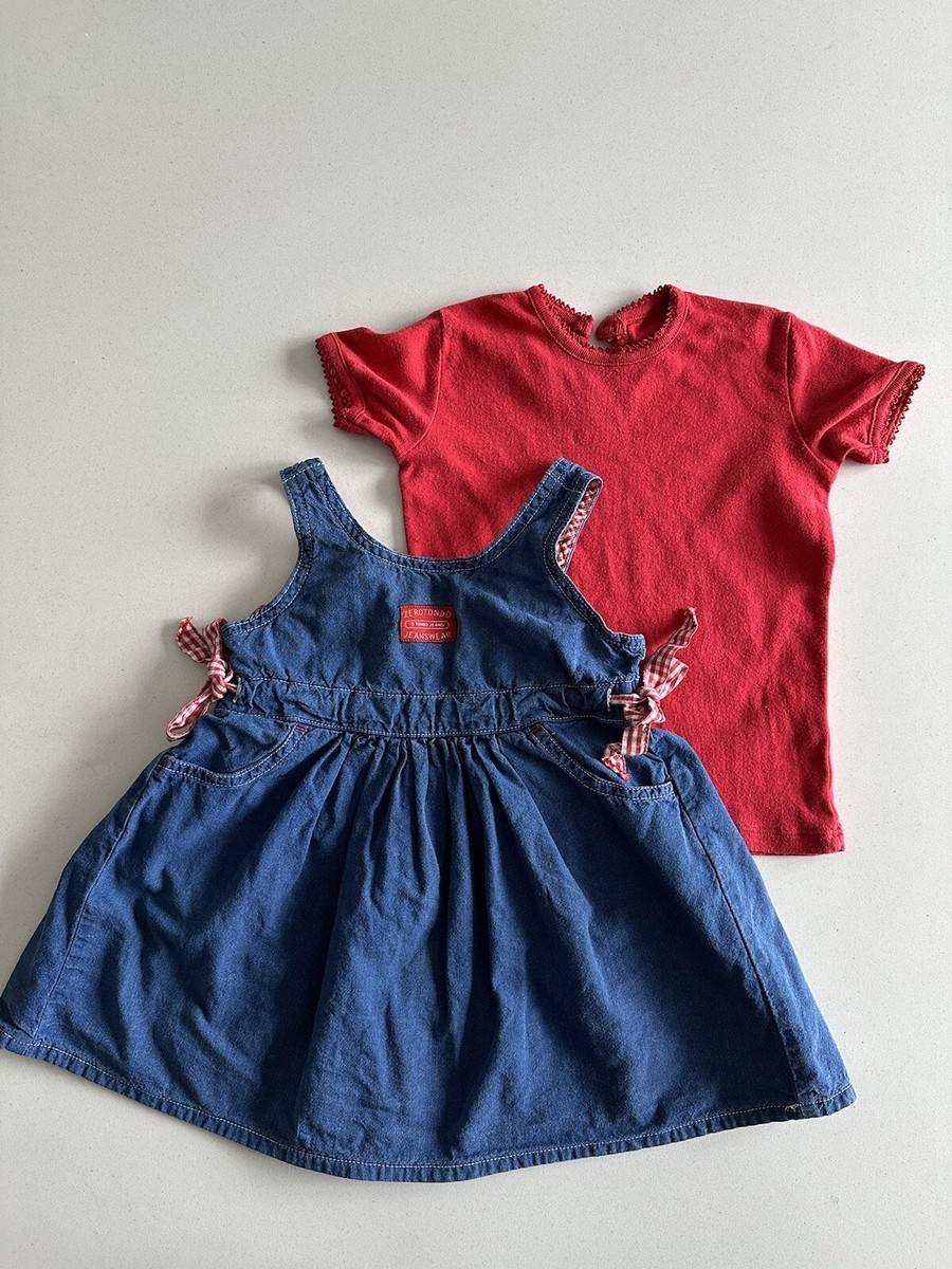 BENETTON BABY GIRLS BLUE PINAFORE DRESS WITH RED T SHIRT 6-9