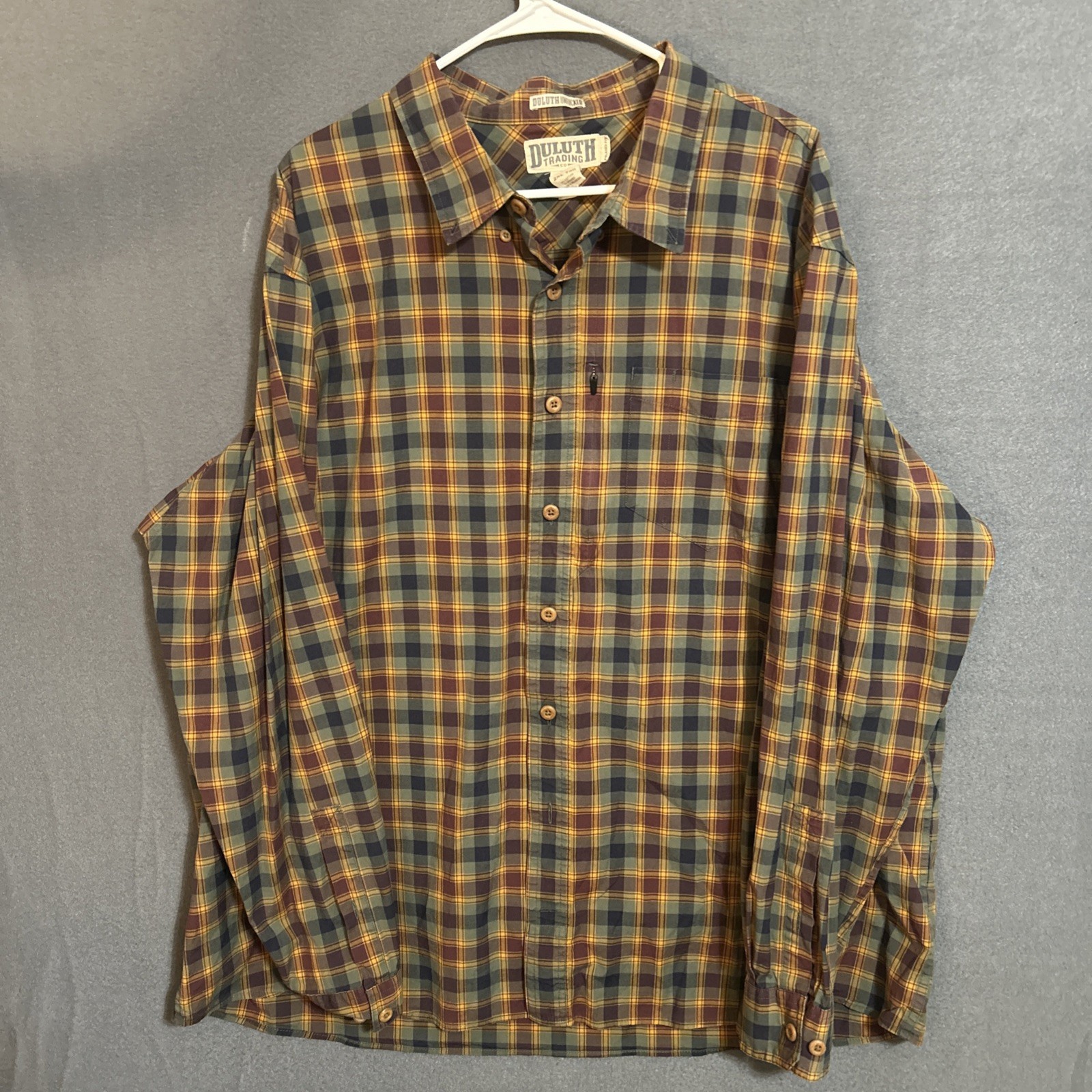 Duluth Trading Co Shirt 2XLT Untucked Relaxed Fit Button Down Mens Brown Plaid