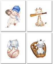 Baseball Animal Nursery Wall Art Prints Set of 4, Baseball Room Decor, Sports Sh