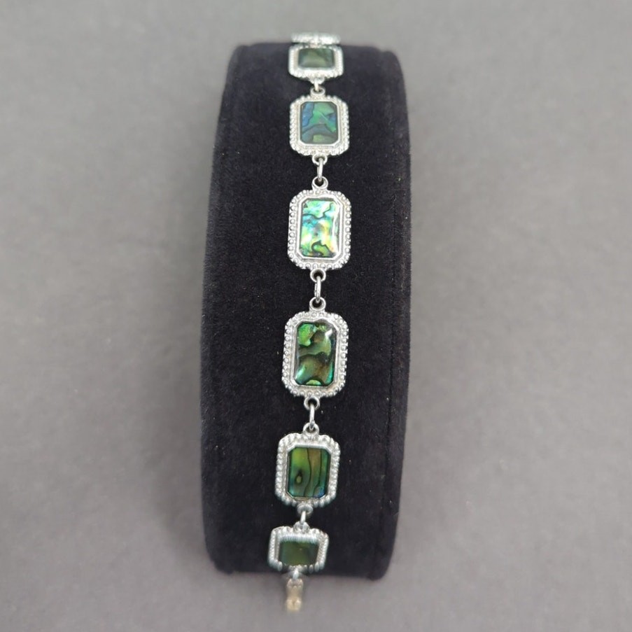 Vintage Abalone Inlay Rectangular Link Silver Bra… - image 3