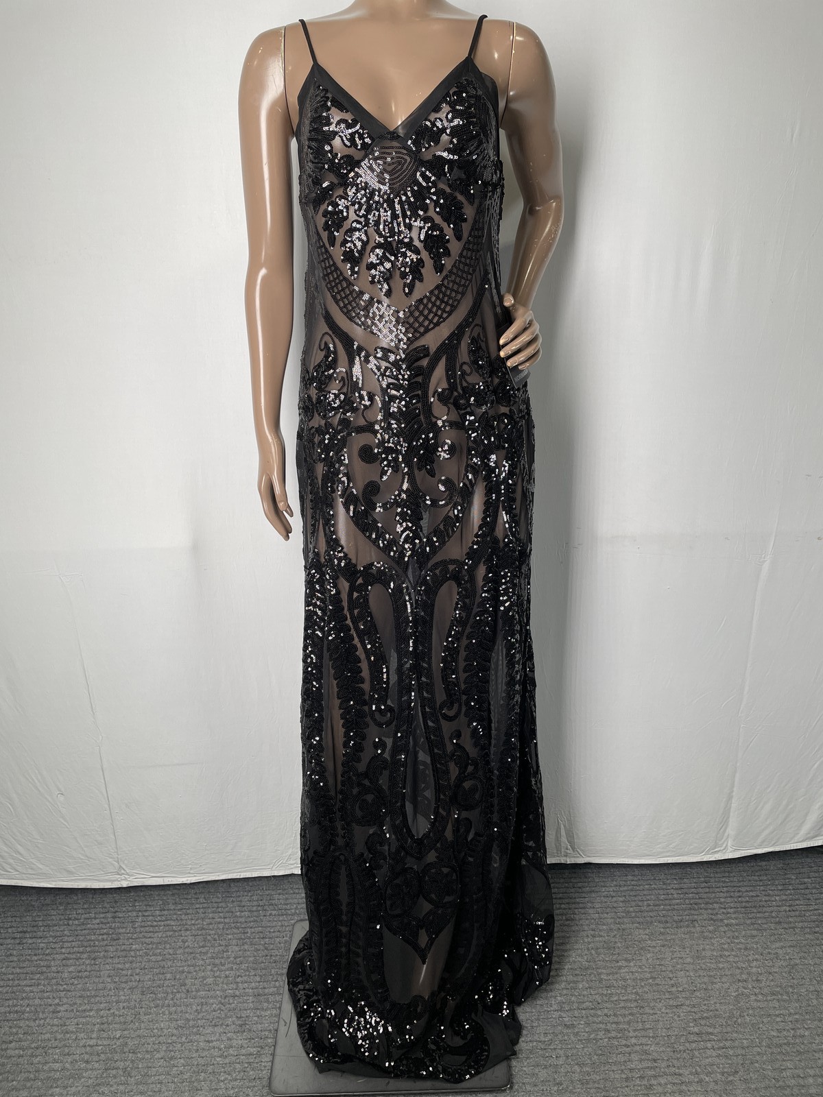 Norma Kamali Womens Maxi Dress Black Size S/36 Embellished Slip Gown Sheer