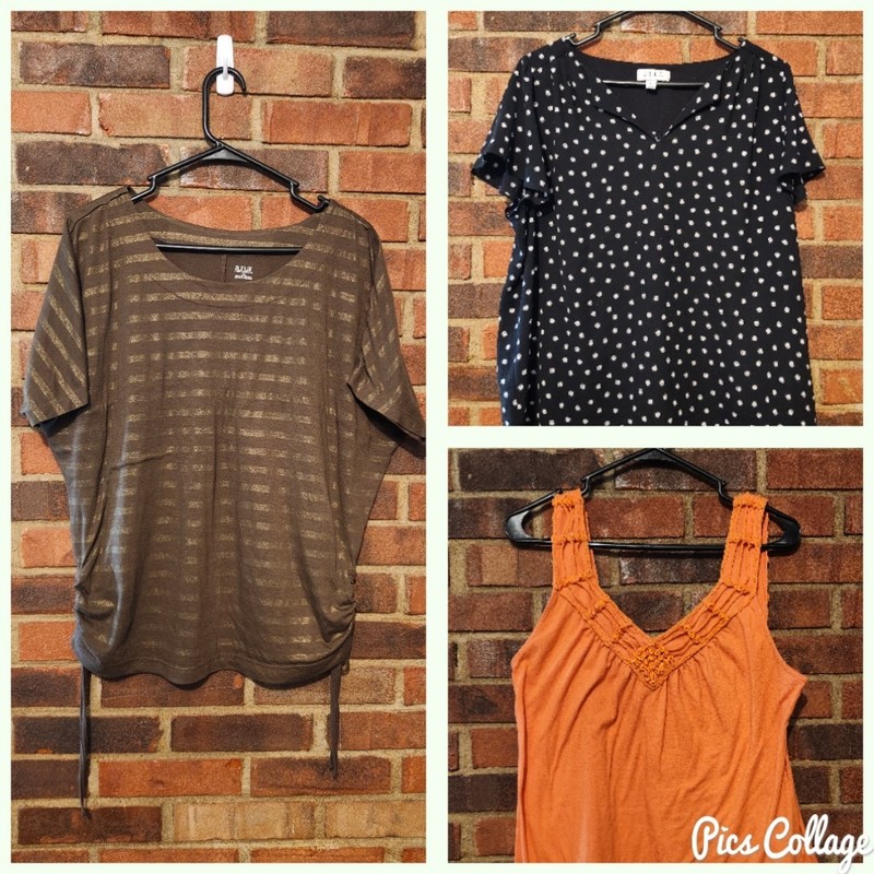Lot Of 3. ANA Tee Sz Lg Green W Metallic Stripe. Org LB Tank.  Blk Elle Tee SzXL