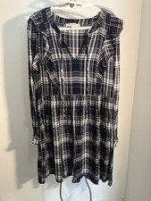 Loft Navy Blue, Pink, & White Plaid Long Sleeve Dress Size Medium Ruffle Details