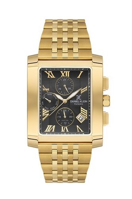 Mens 37mm Rectangle Quartz Watch Steel Strap Gold / Black Dial Day-Date
