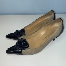 Chanel Vintage CC Camellia Pointed Toe Kitten Heel Pumps Brown Black IT 37 Sz7